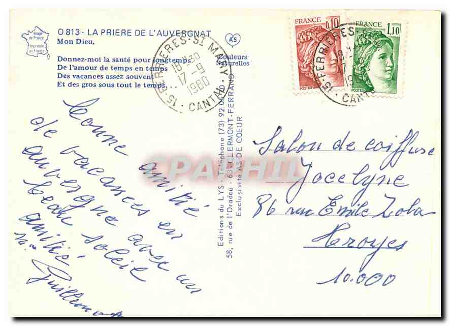 CPM La Priere de l'Auvergnat Mond Dieu Folklore Vache — Rückseite