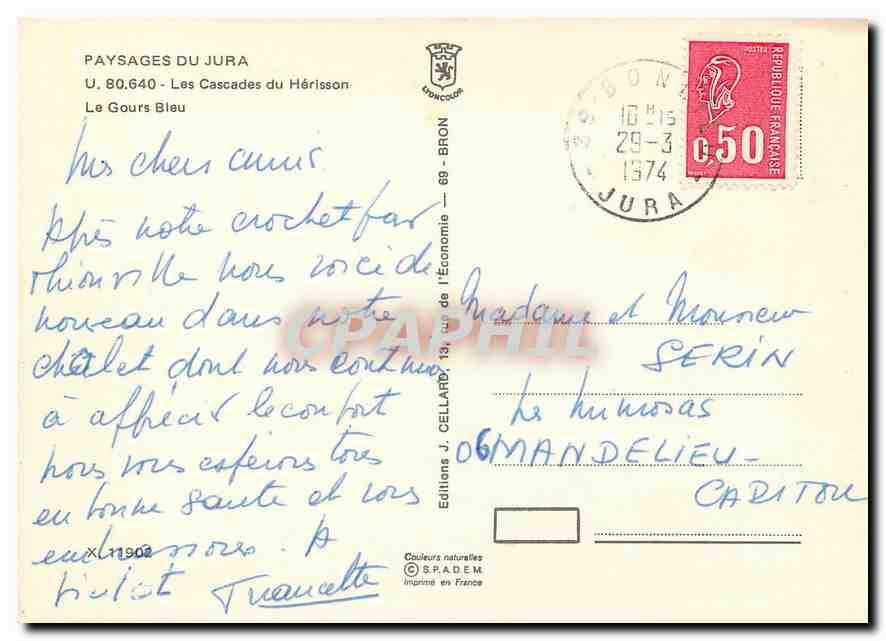 CPM Paysages du Jura Les Cascades du Herisson Le Gours Bleu — Rückseite