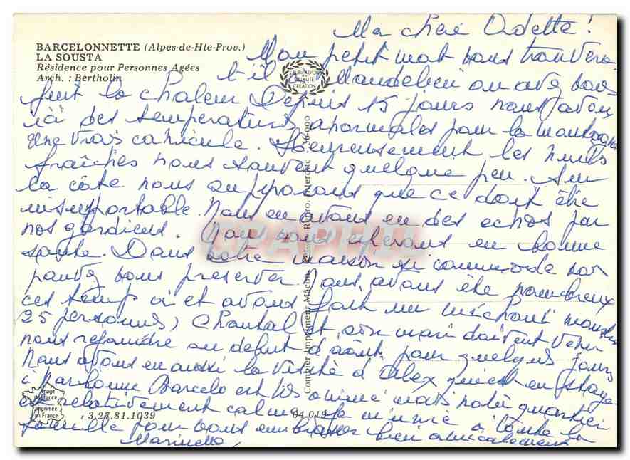 CPM Barcelonnette (A de Hte Prov) la Sousta Residence pou Personnes Agees — Rückseite