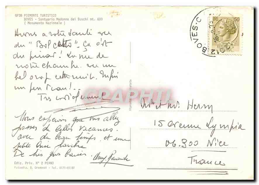 CPM Piemonte Turistico Boves Santuario Madonna del Boschi alt 600 — Back