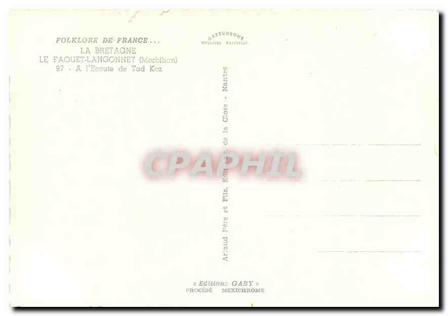 CPM Foklore de France la Bretagne Le Faquet Langonnet (Morbihan) a l'Ecoute de Tad Koz Folklore — Rückseite