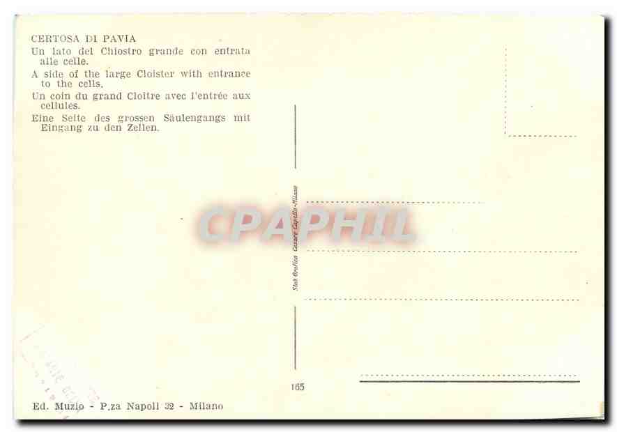CPM Certosa di Pavia Un Coin du grand cloitre avec l'entree aux cellules — Rückseite