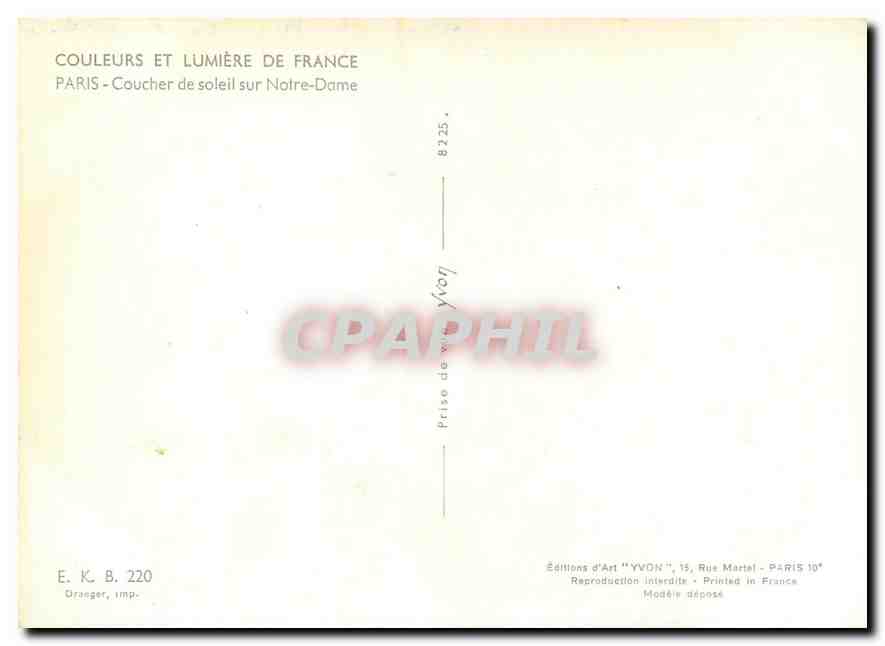 CPM Couleurs et Lumiere de France Paris coucher de soleil sur Notre Dame — Rückseite