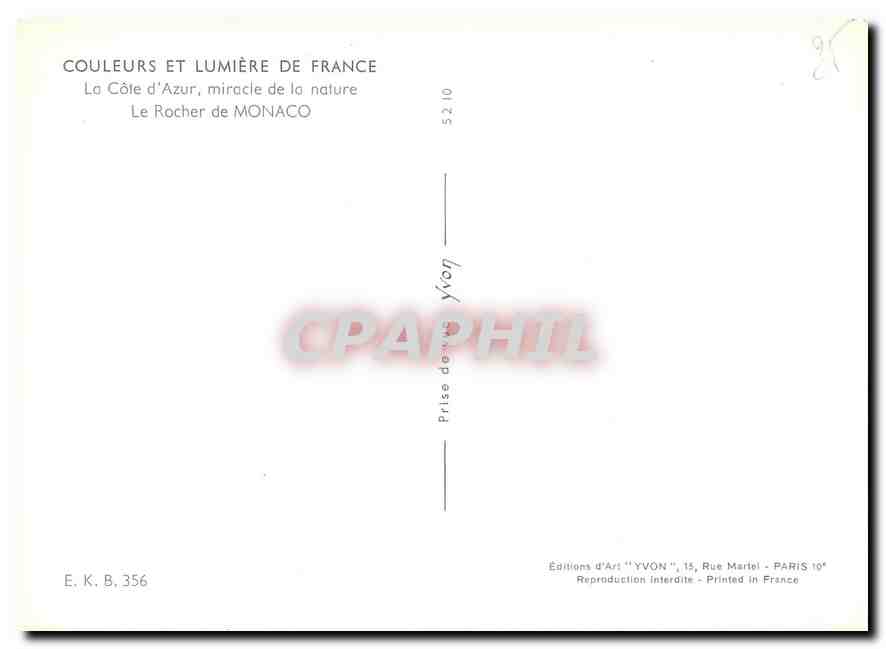 CPM Couleurs et Lumiere de France Domaine les Colombieres Menton (A M) france Le Rocher de Monaco — Rückseite