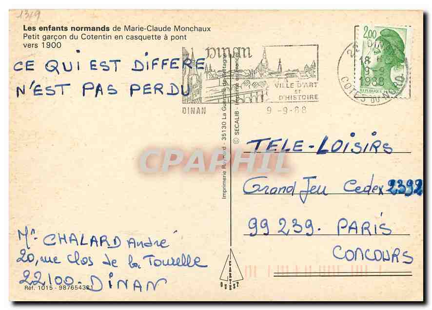 CPM Les enfants normands de Marie CLaude Monchaux Petit garcon du Contentin en Casquette a pont vers — Rückseite