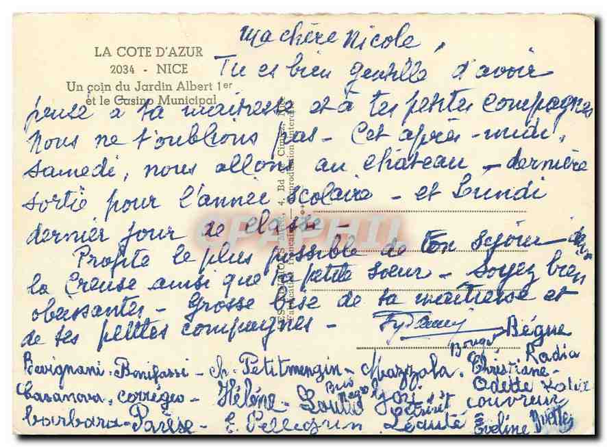 CPM La Cote d'Azur Nice Un coin du Jardin Albert Ier et le Casino Municipal — Rückseite