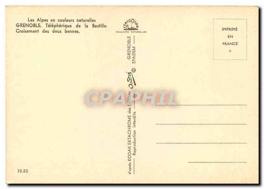 CPM Les Alpes en couleurs naturelles Grenoble Telepherique de la Bastille Croisement des deux bennes — Verso