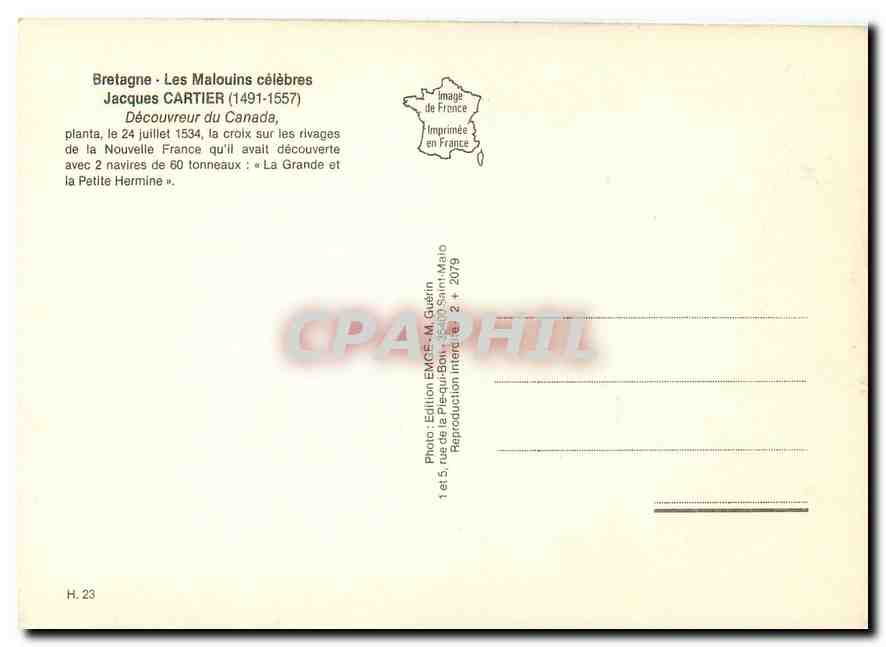 CPM Bretagne les Malouins celebres Jacques Carties (1491 1557) Decouvreur du canada — Back