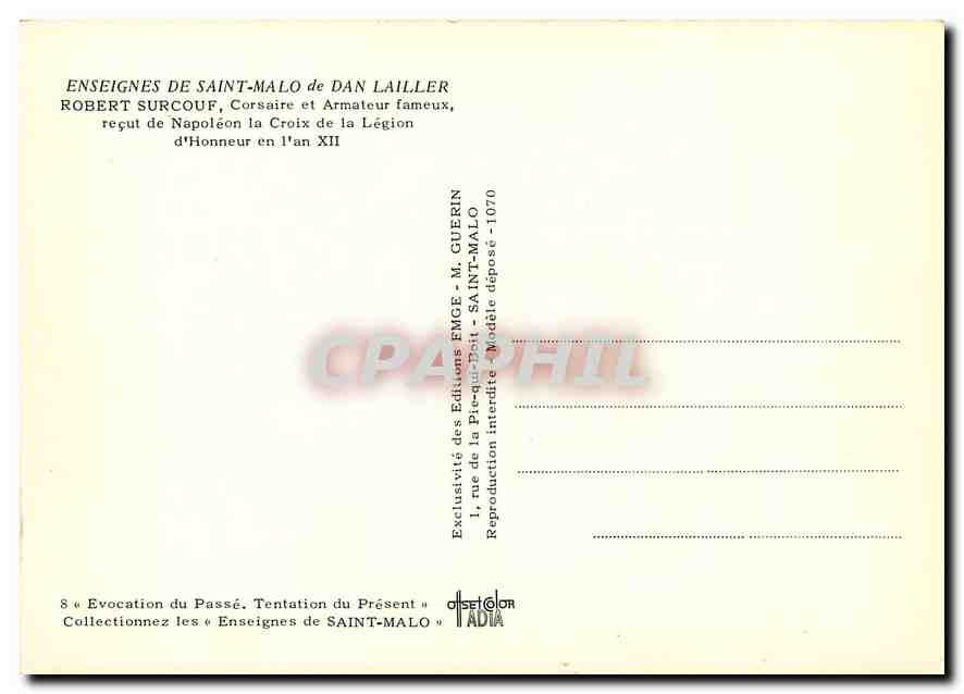 CPM Enseignes de saint Malo de Dan Lailler Robert Surcouf Corsaire et Armateurs Fameux — Verso