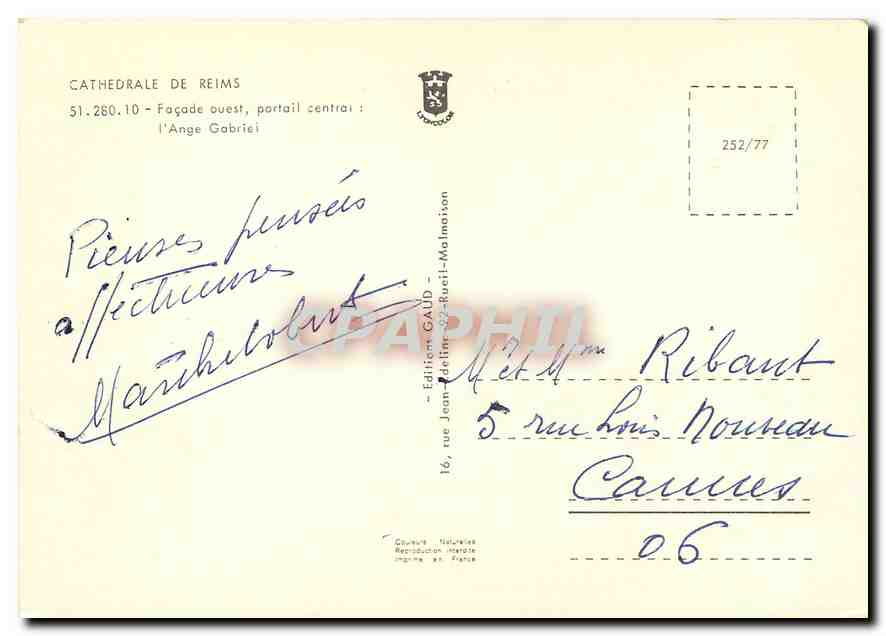 CPM Cathedrale de Reims Facade ouest portrait central l'ange Gabriel — Back