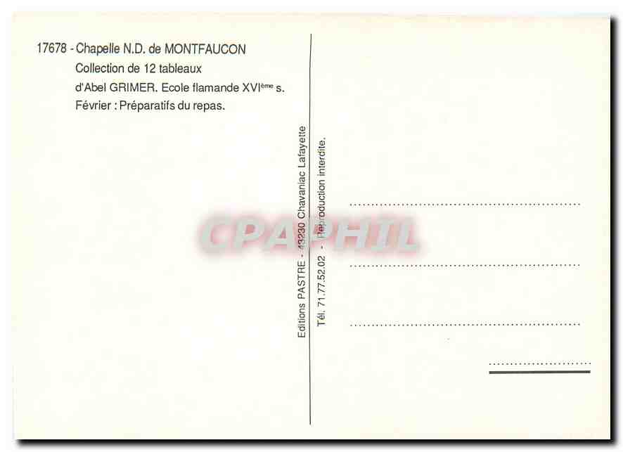 CPM Chapelle N D de Montfaucon d'Abel Grimer Ecole flamande XVIe s Fev Preparatifs du repas — Rückseite