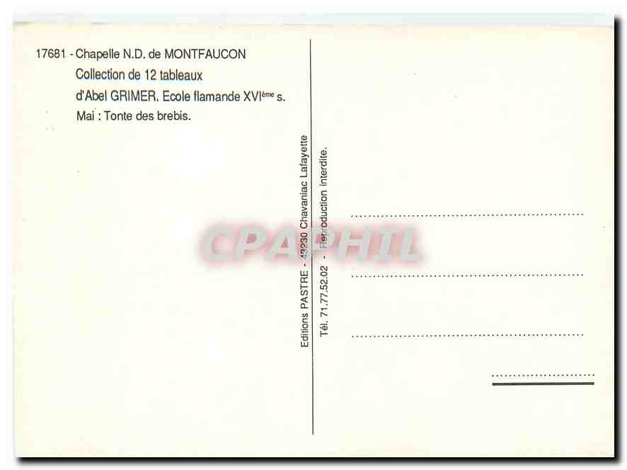 CPM Chapelle N D de Montfaucon d'Abel Grimer Ecole flamande XVIe s Mai Tonte des brebis — Rückseite