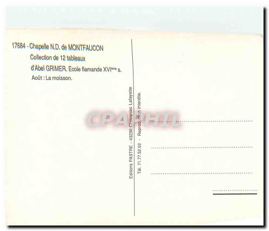 CPM Chapelle N D de Montfaucon d'Abel Grimer Ecole flamande XVIe s aout la Moisson — Rückseite