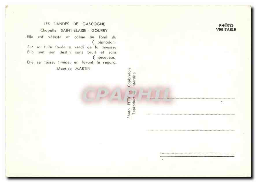 CPM Les Landes de Gascogne Chapelle Saint Blaise Gourby Maurice Martin — Rückseite
