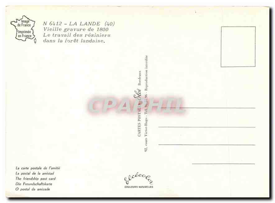 CPM La Lande Vieille gravure de 1800 Le travail des resiniers dans la foret landaise  — Rückseite