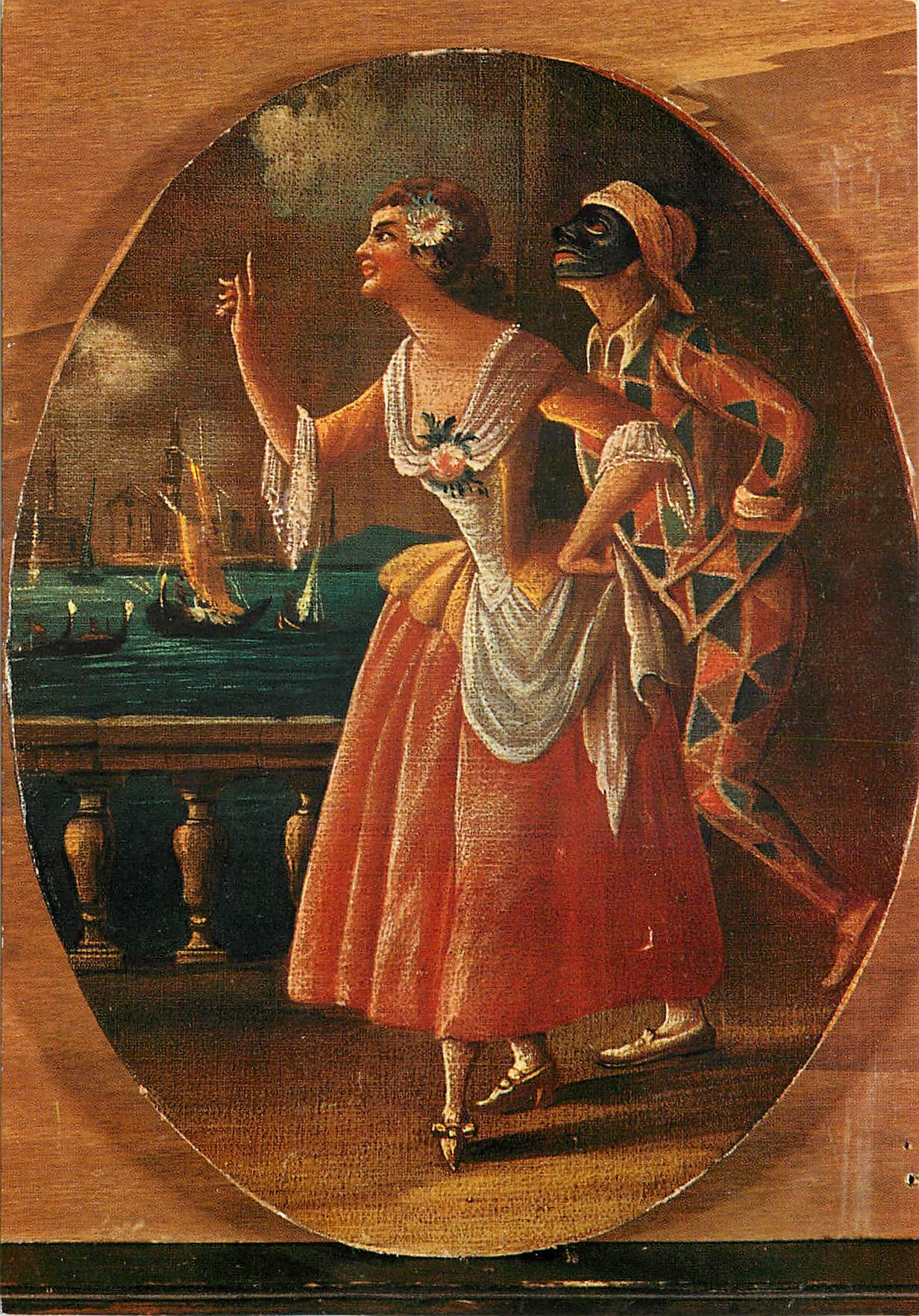 CPM Scena di Maschere Colombina e Arlecchino Museo Teatrale alla Scala Milano 