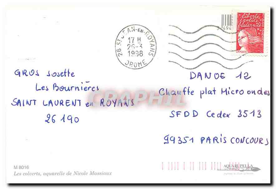 CPM Les colverts aquarelle de Nicole Massiaux  — Verso