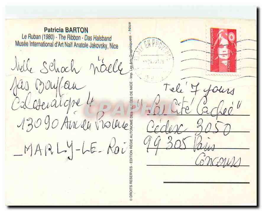 CPM Patricia Barton Le Ruban Musee International d'Art Nail Anatole Jakovsky Nice  — Verso