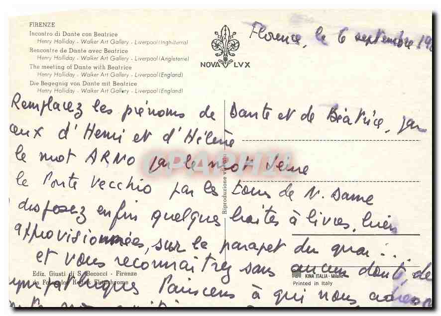 CPM Firenze Incontro di Dante con Beatrice  — Verso
