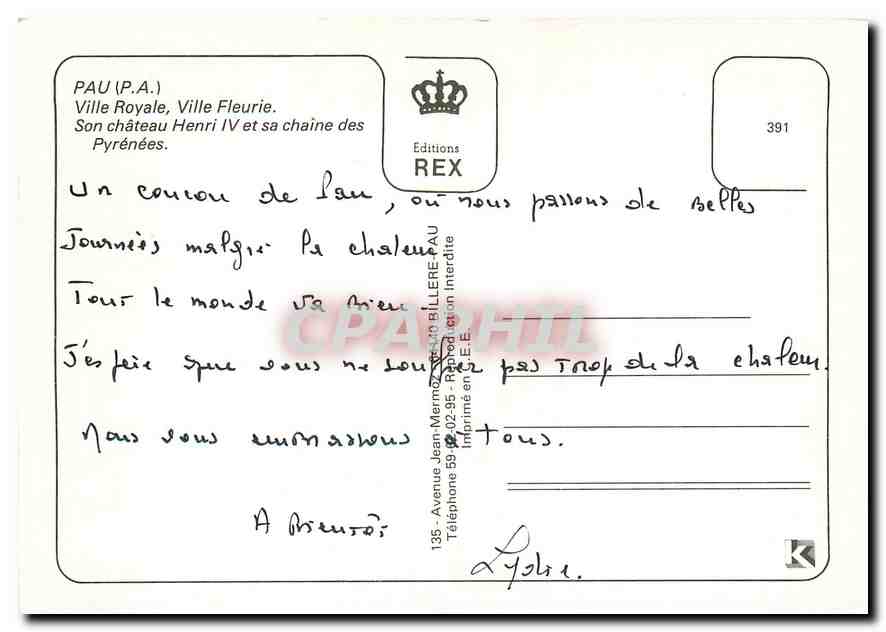 Pau — Ville Royale, Ville Fleurie — Éditions REX, n°391 — Verso