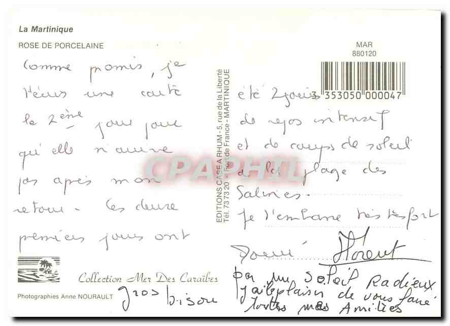 CPM La Martinique Rose de Porcelaine  — Rückseite