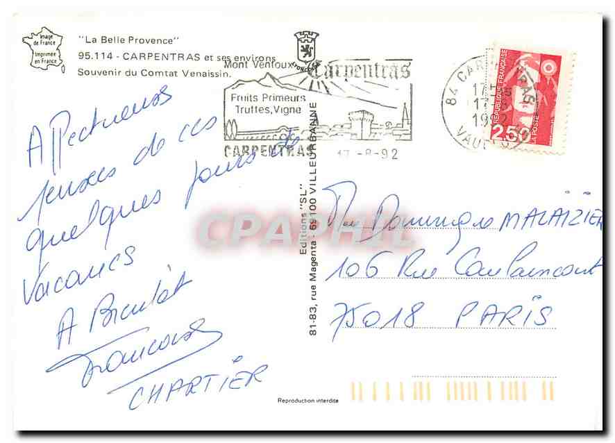 CPM La Belle Provence Carpentras et ses envierons Mont Ventoux  — Rückseite