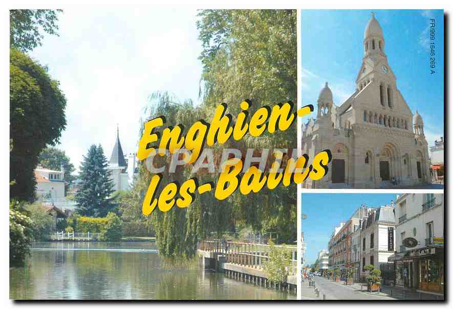 Enghien-les-Bains — vue de la rivière, église et rue — CPAPHIL FR 1646 269 A - Recto
