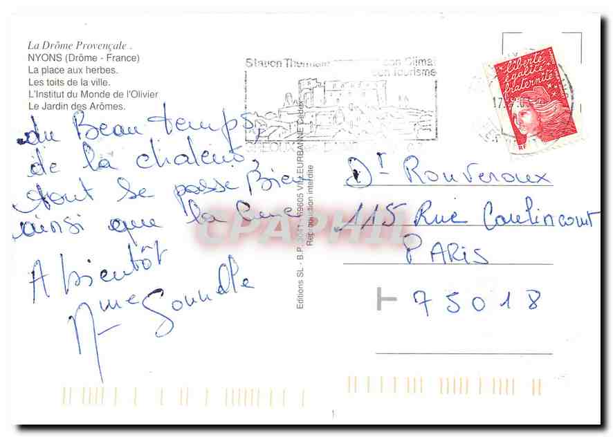 CPM La Drome Provencale Nyons Drome France La Place aux Herbes  — Rückseite