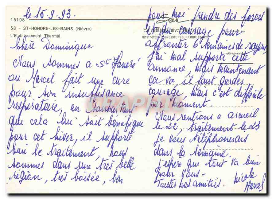 CPM St Honore les Bains Nievre L'Etablissement Thermal  — Rückseite