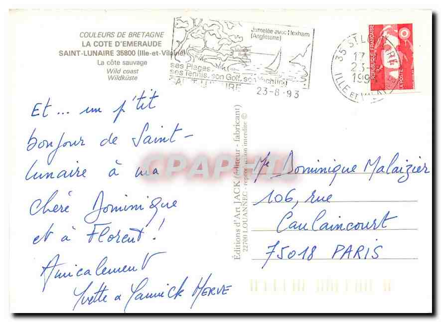 CPM La Cote d'Emeraude Saint Lunaire Ille et Vilaine La cote sauvage  — Verso
