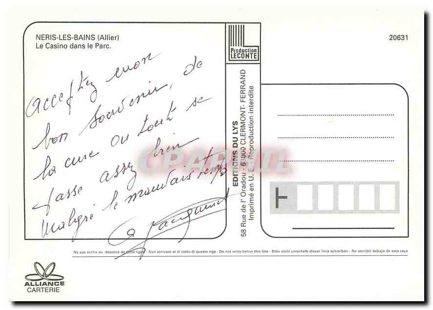 CPM Neris les Bains  — Verso
