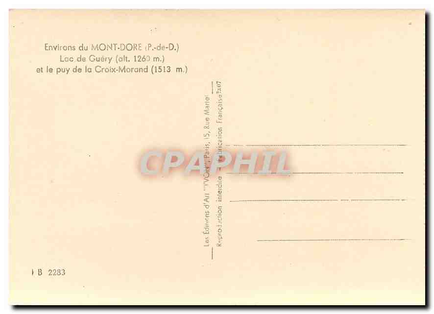 CPM Environs du Mont Dore P de D Lac de Guery et le puu de la Croix Morand — Verso