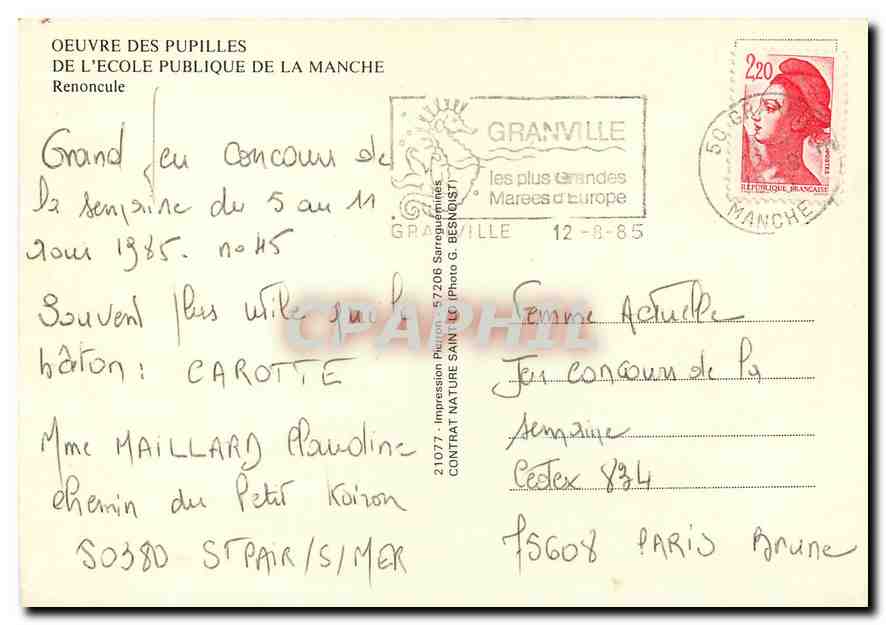 CPA Oeuvre des Pupilles de l'Ecole Publique de la Manche Renoncule  — Rückseite