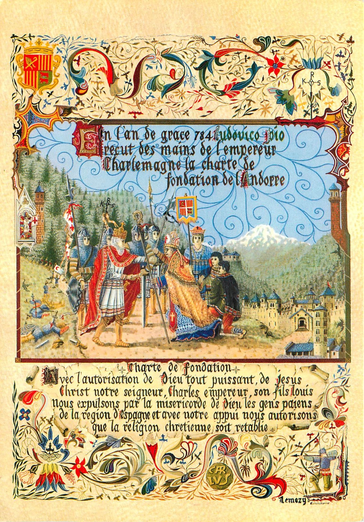 CPA Histoire de l'Andorre Charlemagne remet la chartre de fondation de l'Andorre