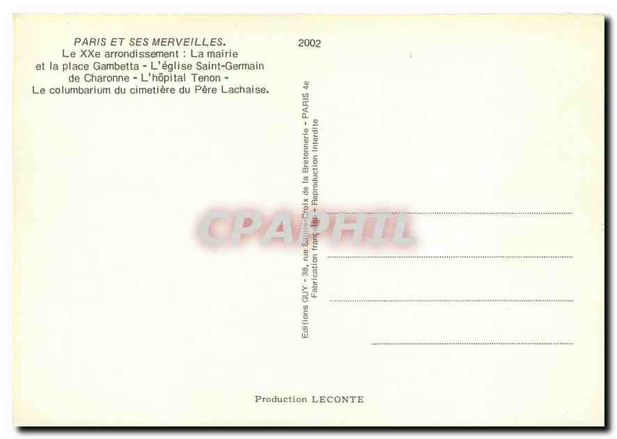 CPM Paris XXe Paris et ses Merveilles Le XXe arrondisement  — Rückseite
