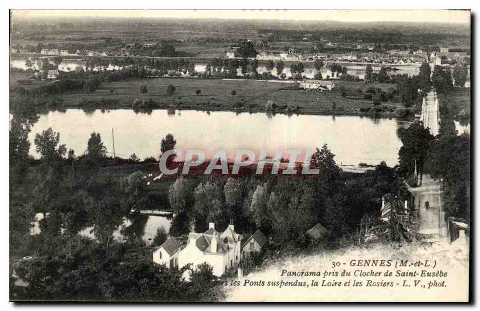 Gennes -CPA- Panorama pris du Clocher de St Eusebe vers les Pont suspendus la Loire et les Rosiers