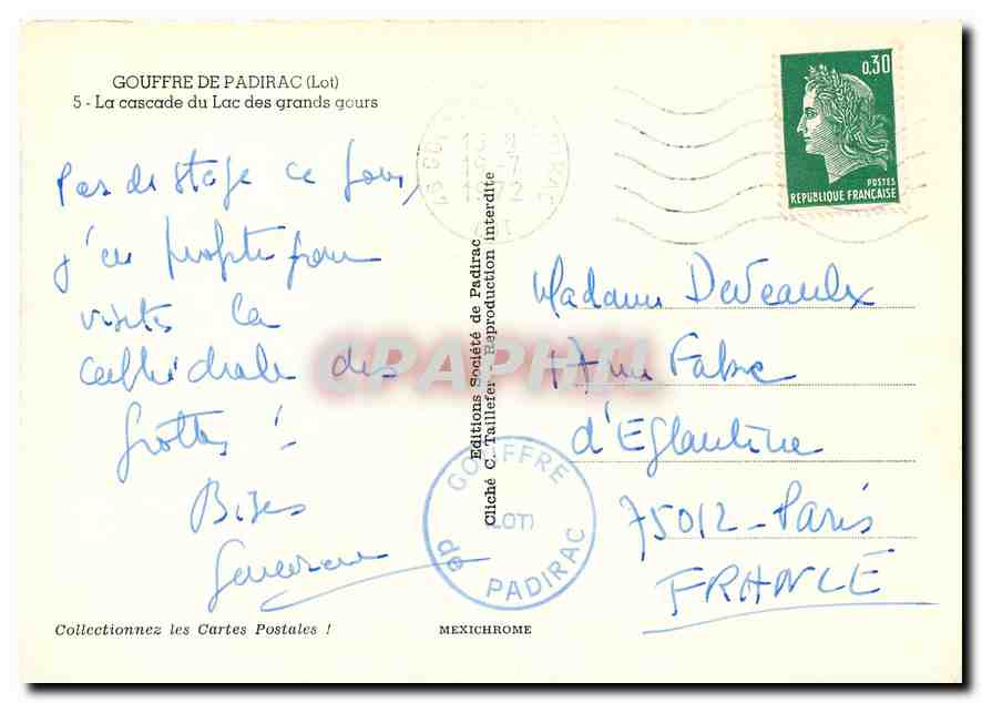 CPM Gouffre de Padirac Lot La Cascade du Lac des grands gours  — Rückseite