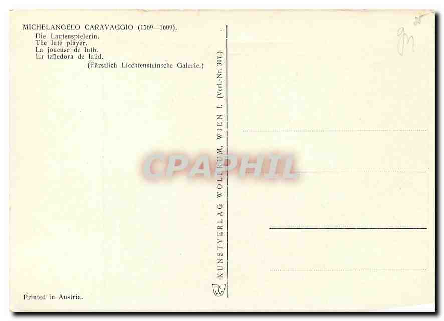 CPM Michaelangelo Caravaggio 1569 1609 Die Lautenspielerin  — Rückseite