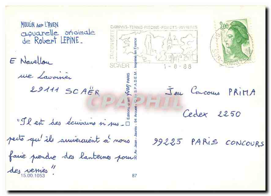CPM Moulin sur l'Aven Aquarelle originale de Robert Lepine  — Verso