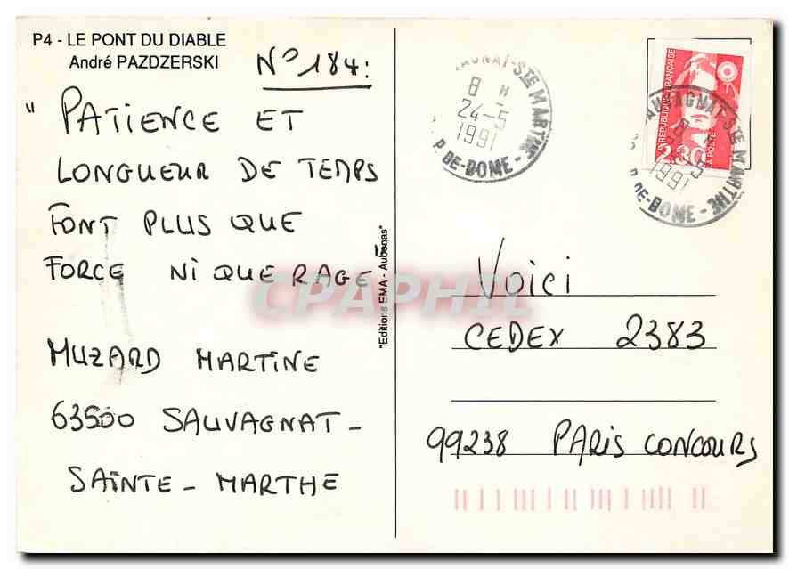 CPM Le Pont du Diable Andre Pazdzerski  — Verso