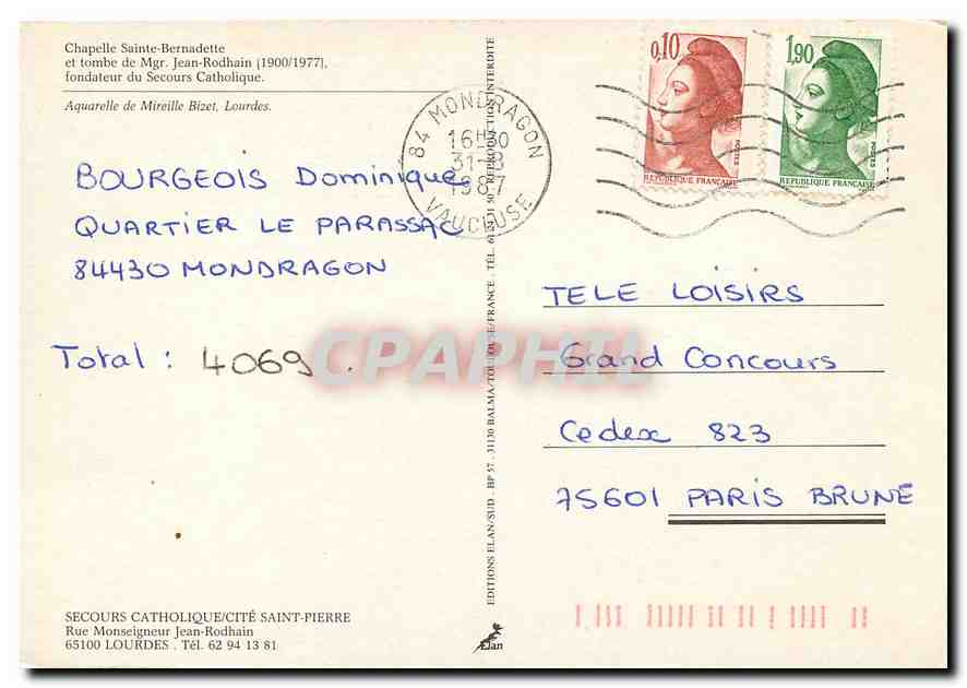 CPM Chapelle Sainte Bernadette et tombe de Mgr Jean Rodhain  — Verso