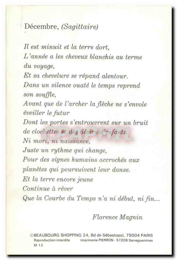 CPM Decembre Sagittaire Florence Magnin  — Verso