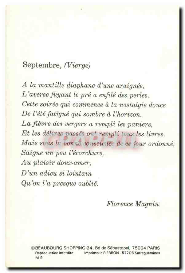 CPM Septembre Vierge Florence Magnin  — Verso