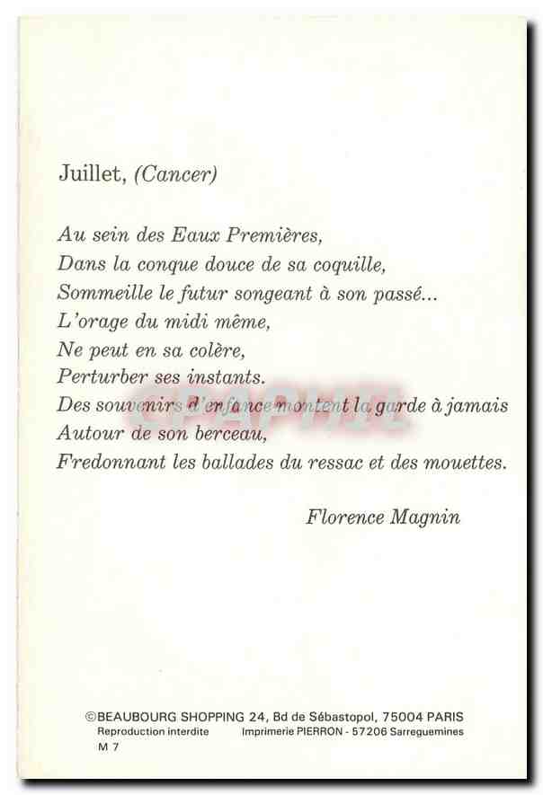CPM Juillet Cancer Florence Magnin  — Rückseite
