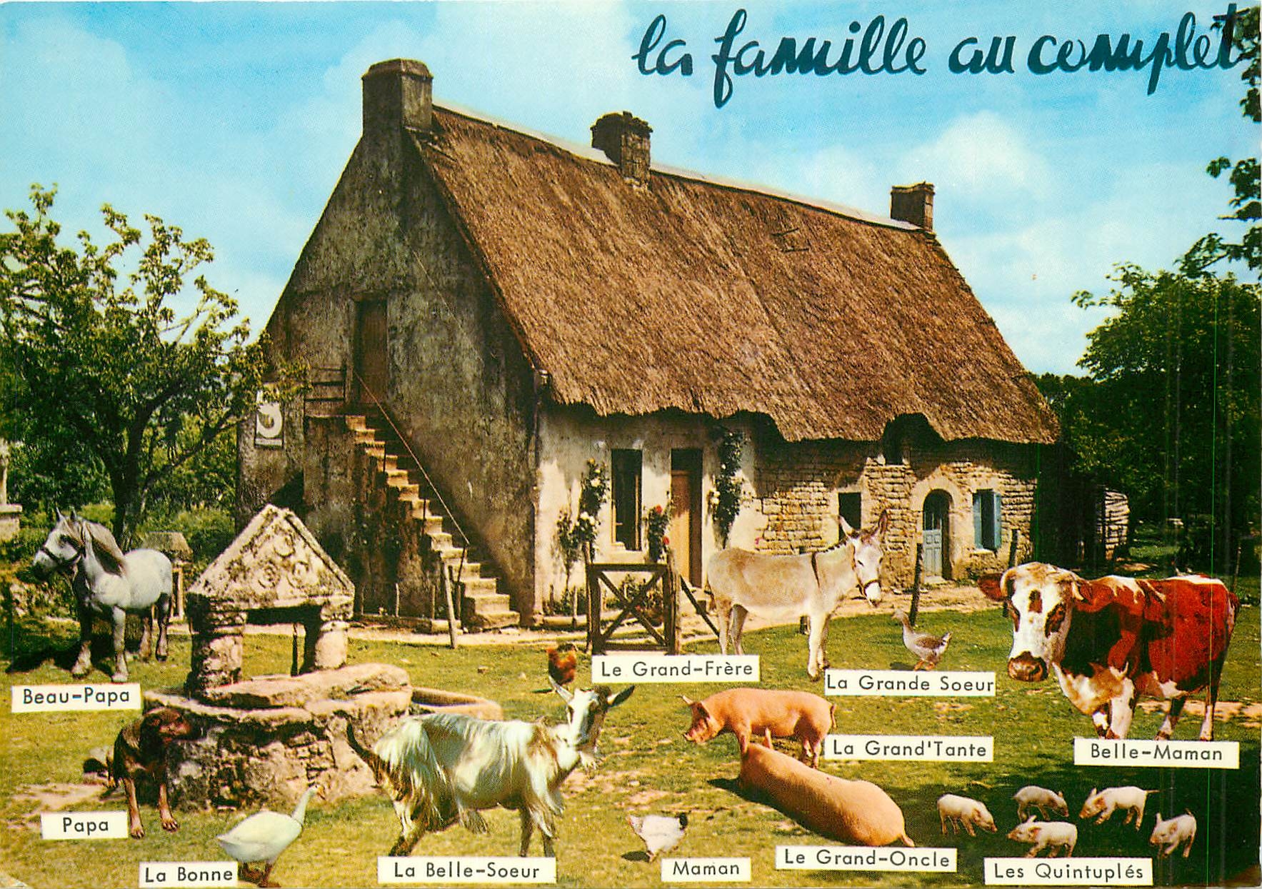 CPM La famille au complet Chevre Cochon Porc Vache Cheval Poules