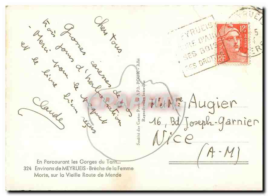 CPM En Parcourant les Gorges du Tarn Environs de Meyrueis Breche de la Femme  — Rückseite
