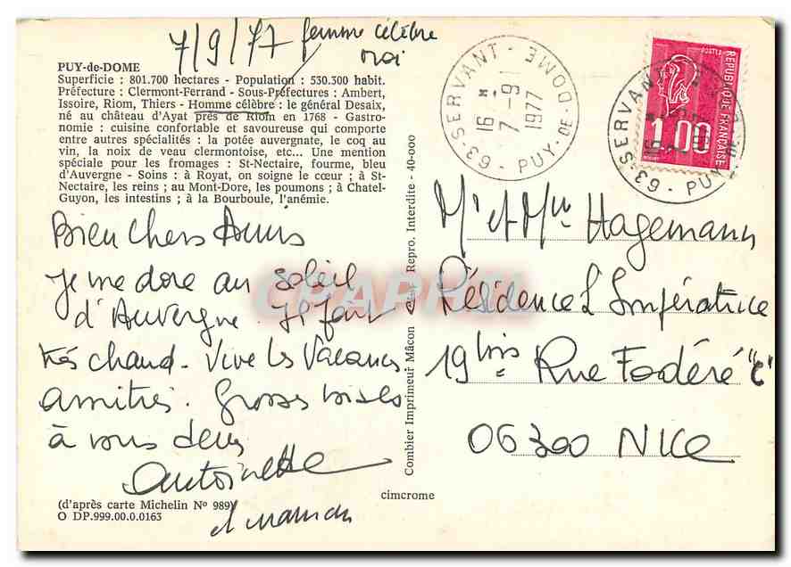 CPM Puy de Dome Prefecture Clermont Ferrand Besse Chatel-Guyon Le Puy de Sancy Ambert Riom St Nectai — Rückseite