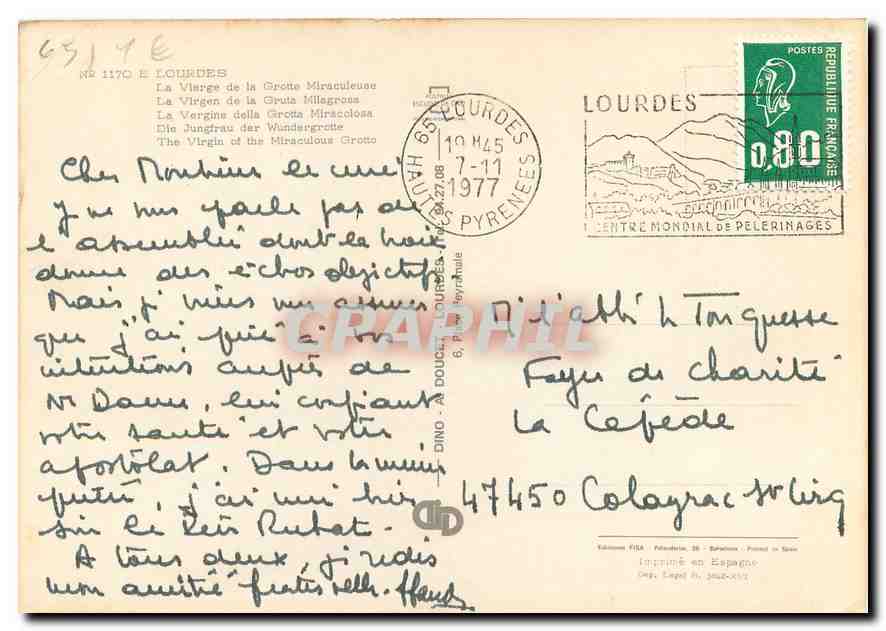 CPM Lourdes La Vierge de la Grotte Miraculeuse  — Verso