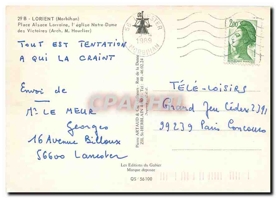 CPM Lorient Morbihan Place Alsace Lorraine l'Eglise Notre Dame des Victoires  — Rückseite