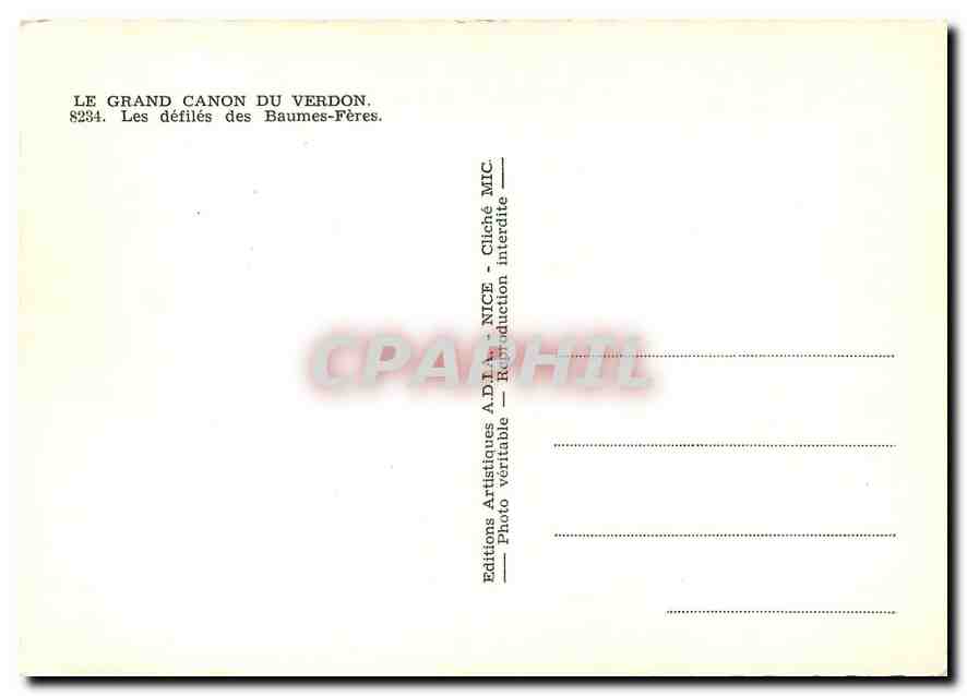 CPM Le Grand Canon du Verdon Les defiles des Baumes Feres  — Rückseite